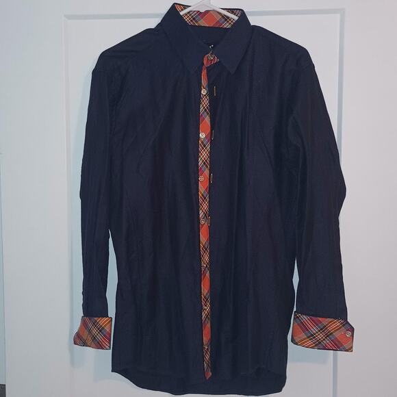 Jared Lang - Navy Blue w/ Orange Plaid Cuffs - Italian Button-Up Dress Shirt (M) - Picture 1 of 5